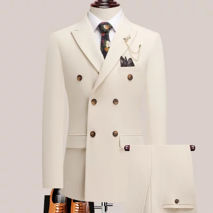 The latest men's solid color suit two-piece set with lapel collar and double breasted buttons for four seasons, men's business