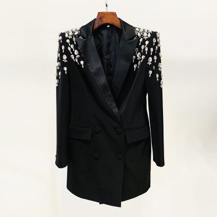 K043 Women's Fashion Handmade Beaded and Rhinestone Slim Long Blazer